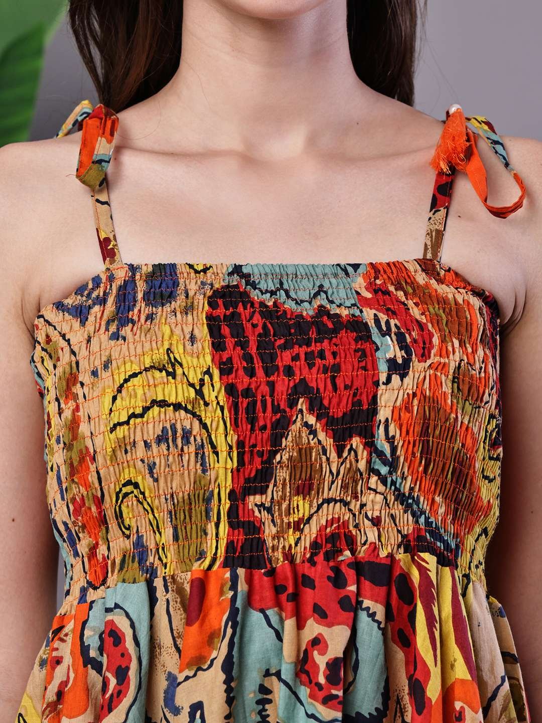 Women's Multicolor Abstract Printed Cotton Handkerchief Hem Dress Midi Dresses - Image 3