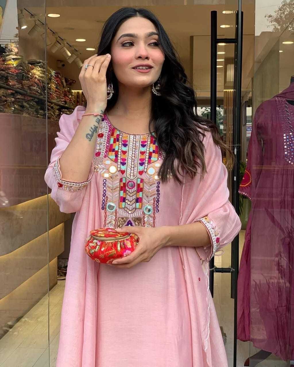 Women's Cotton Mirror Work Embroidered Straight Kurti With Pant and Dupatta Set - Image 3