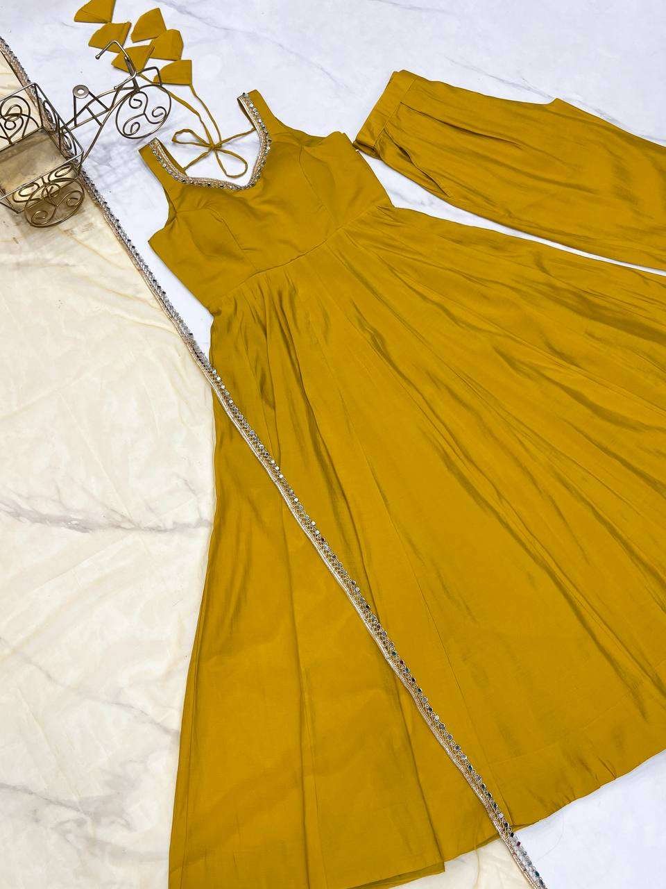 Womens Pure Romansilk Chanderi Anarkali Kurti with Pant & Dupatta Set - Image 7