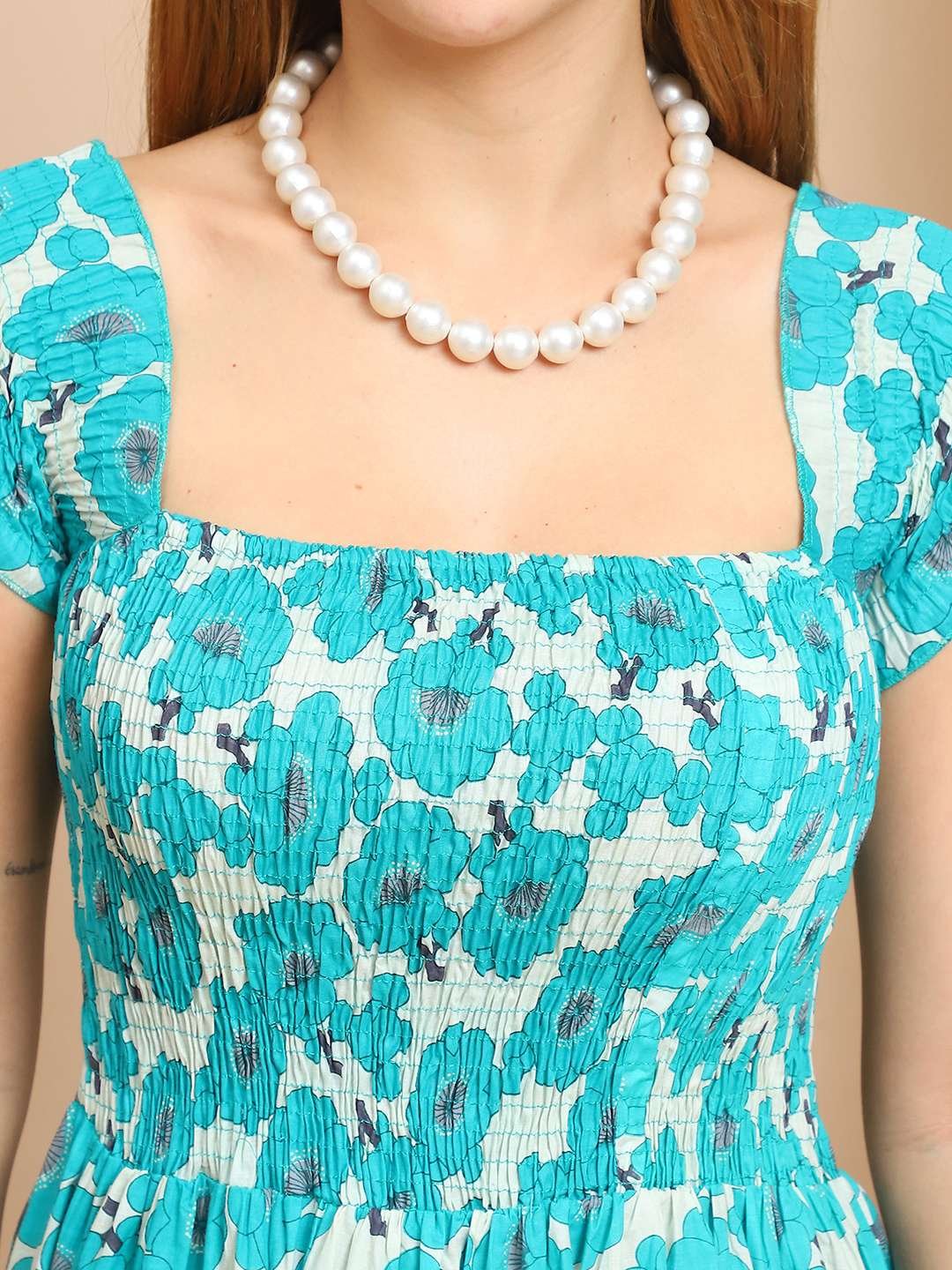 Women's Viscos Rayon Printed Off Shoulder Midi Dress For Summer And Casual Wear (Blue Floral) - Image 5