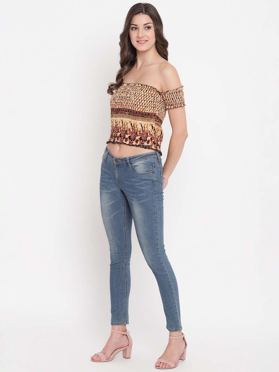 Women's Rayon Printed Off-Shoulder Smocked Crop Top Short Sleeve Casual Styles Tank Top (FREE SIZE) Multi4 - Image 3