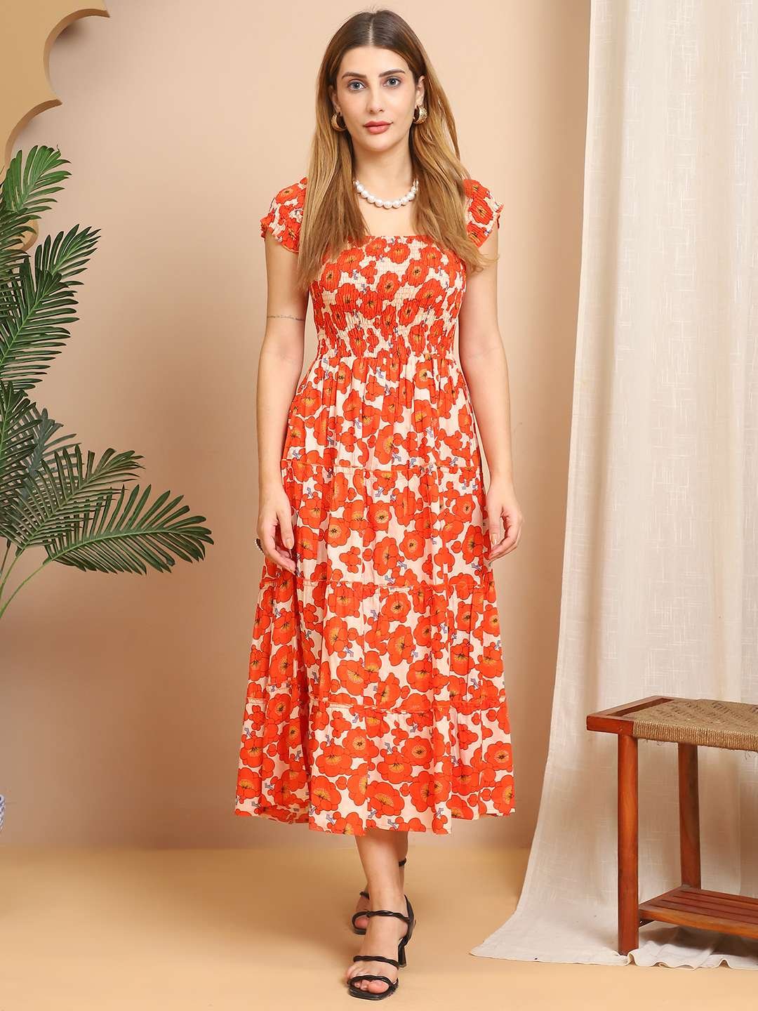 Women's Viscos Rayon Printed Off Shoulder Midi Dress For Summer And Casual Wear (Orange Floral) - Image 6